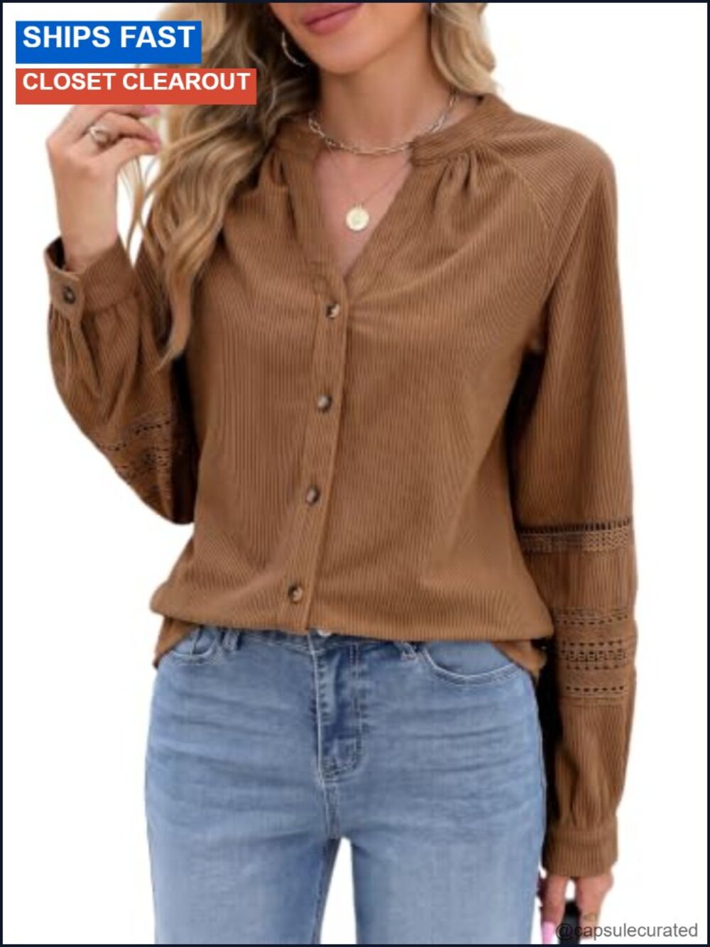 Women's Corduroy Button Down Shirt Long Sleeve Blouse w/ Lace Sleeves